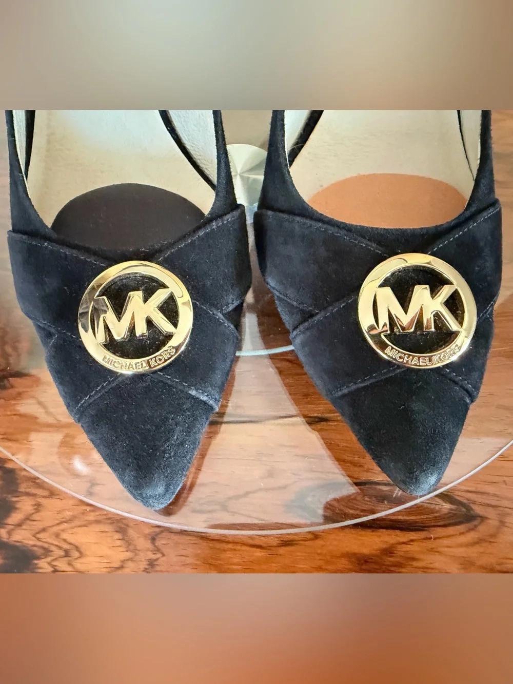 Michael Kors Caroline Black Suede Gold MK Logo Medallion Pointed Toe Pumps 9.5